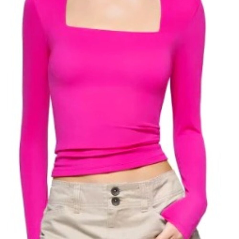 Pumiey, Hot Pink, Long Sleeve, Square Neck, Shirt, Size L